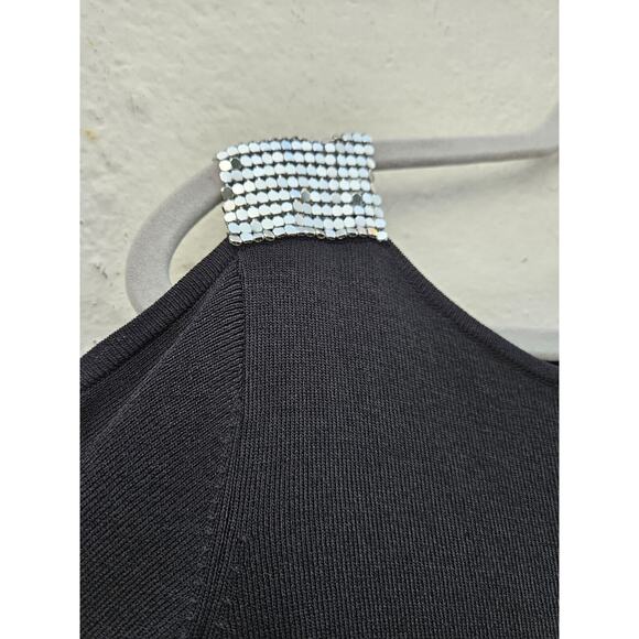 Vintage Y2K 90s Top Medium Black Nylon Spandex Ribbed Flare Cold Shoulder Sequin - Picture 4 of 10
